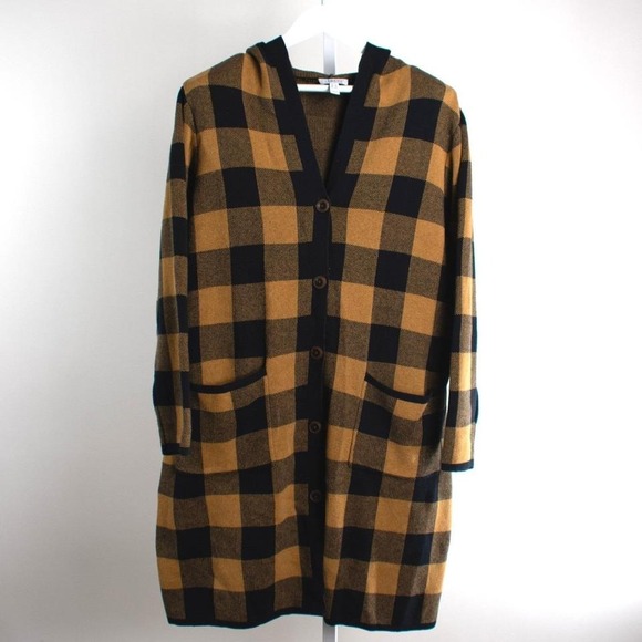 Sweaters - Denim & Co Women's 1X Button Front Hooded Duster‎ Cardigan Buffalo Plaid
